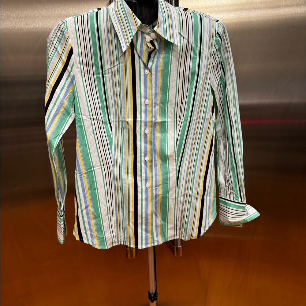 Vibrant Striped Women’s  Buttondown Shirt in Green and Yellow